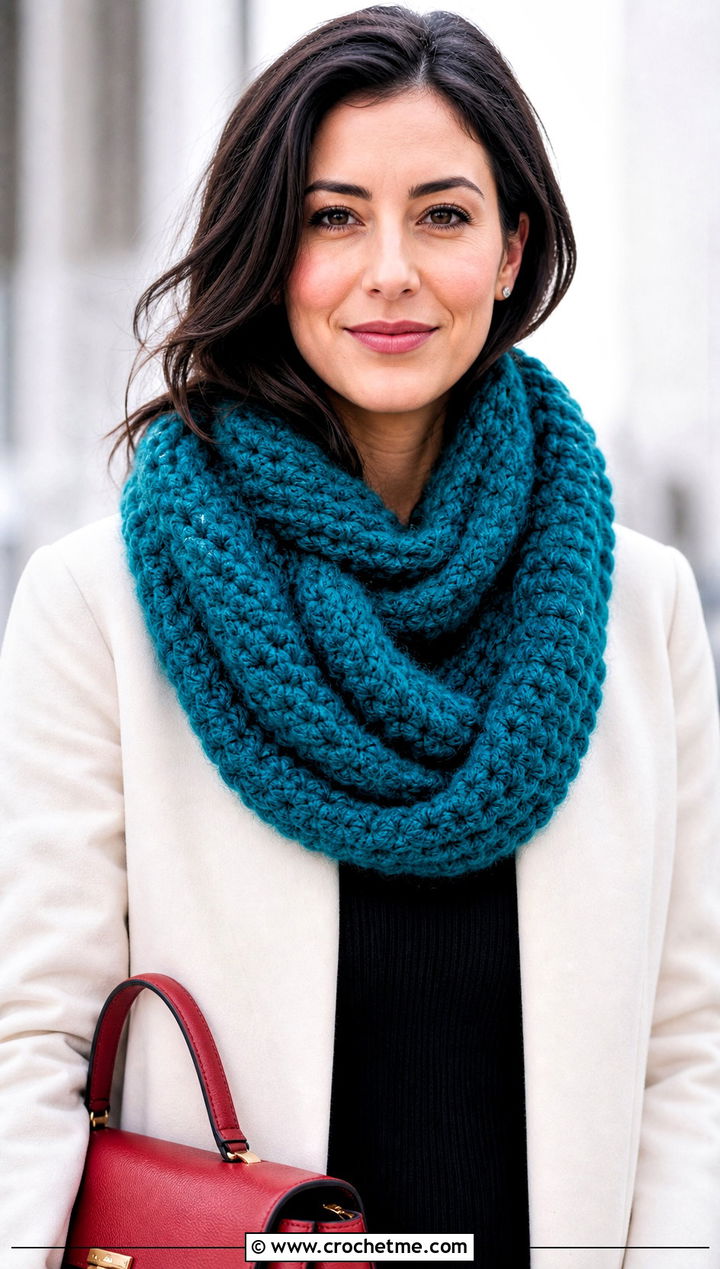 Chunky Fuzzy Crochet Infinity Scarf With Minimalist Coat - 20 Chunky Crochet Infinity Scarf outfit ideas