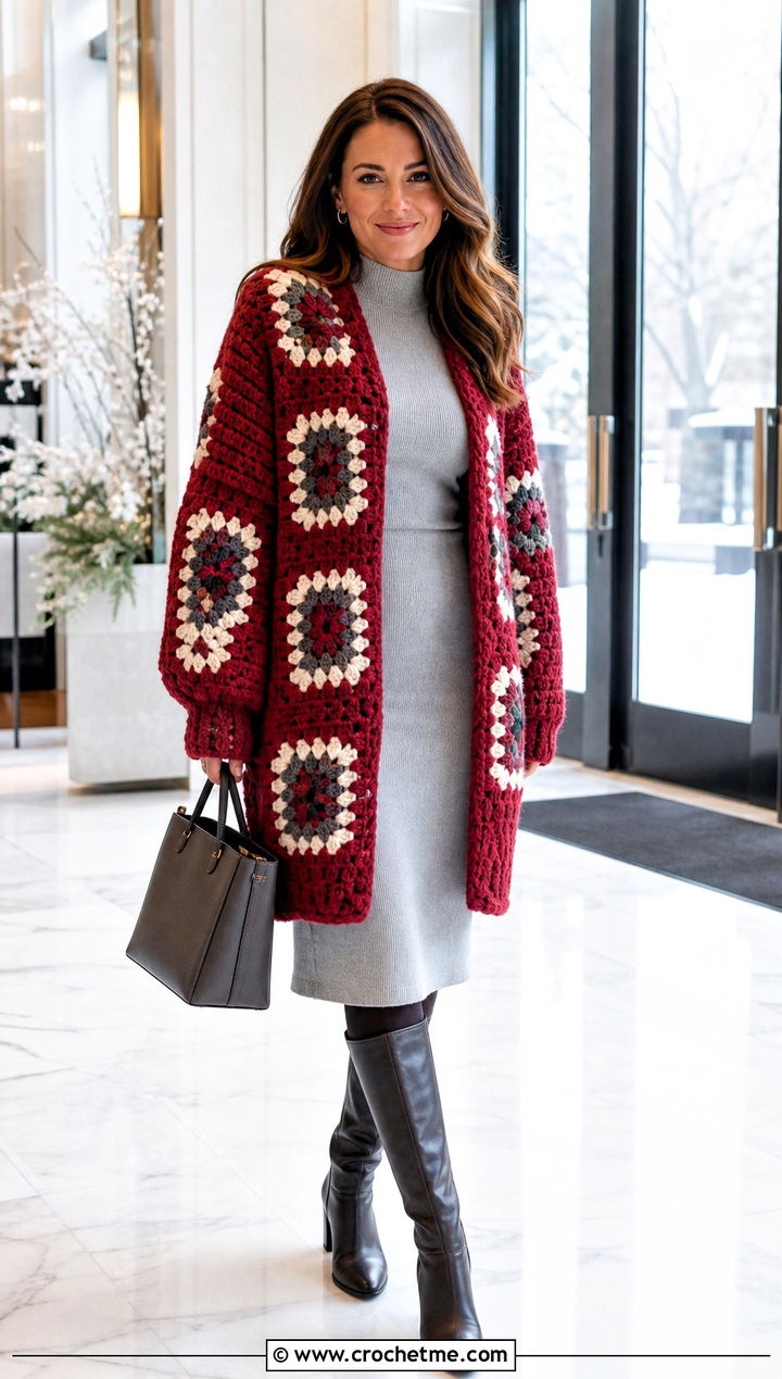 Chunky Giant Granny Square Cardigan With Knit Dress - 35 giant granny square cardigan outfit ideas