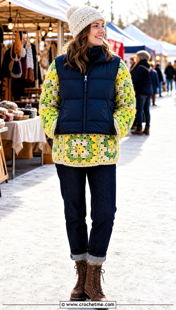 Chunky Giant Granny Square Sweater With Puffer Vest - 30 giant granny square sweater outfit ideas