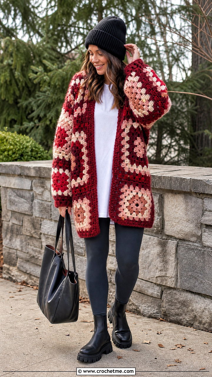 Chunky Giant Square Cardigan With Leggings And Boots - 35 Big Granny Square Cardigan outfit ideas