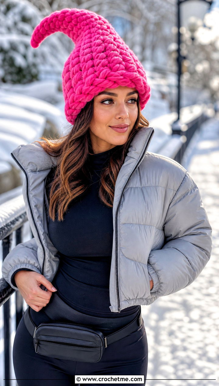 Chunky Gnome Crochet Hat With Puffer Jacket And Leggings - 25 pointy crochet hat outfit ideas