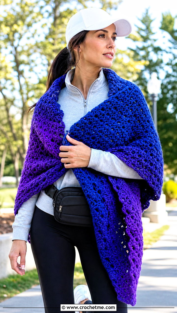 Chunky Gradient Shawl With Leggings And Sneakers - 15 Crochet Gradient Shawl outfit ideas