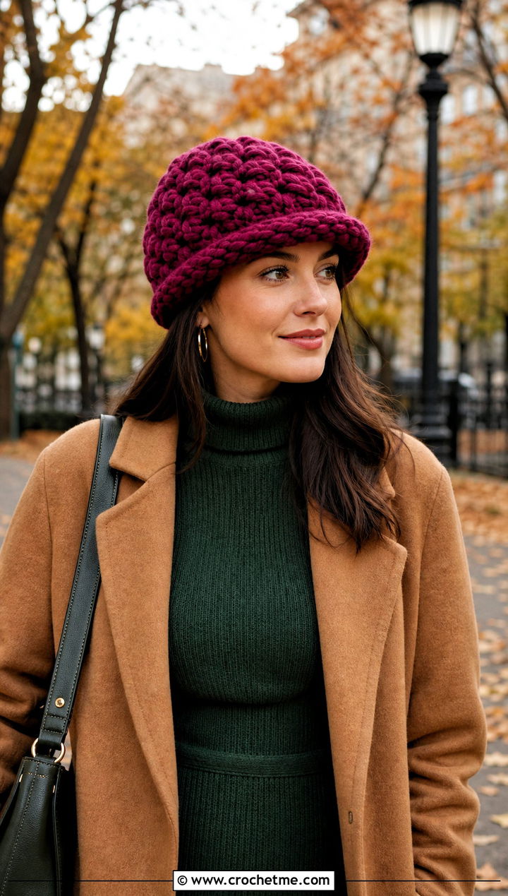 Chunky Granny Hat With Sweater Dress - 30 crochet granny hat outfit ideas