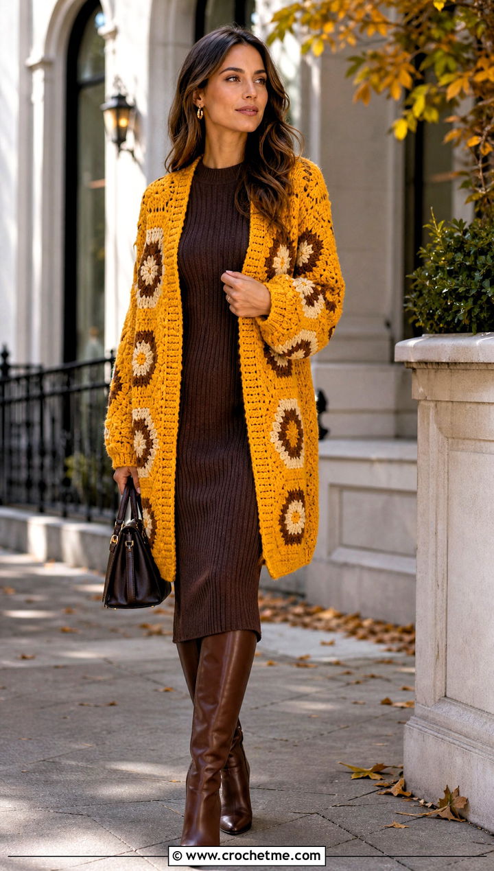 Chunky Granny Hexagon Cardigan With Knit Dress - 35 granny square hexagon cardigan outfit ideas