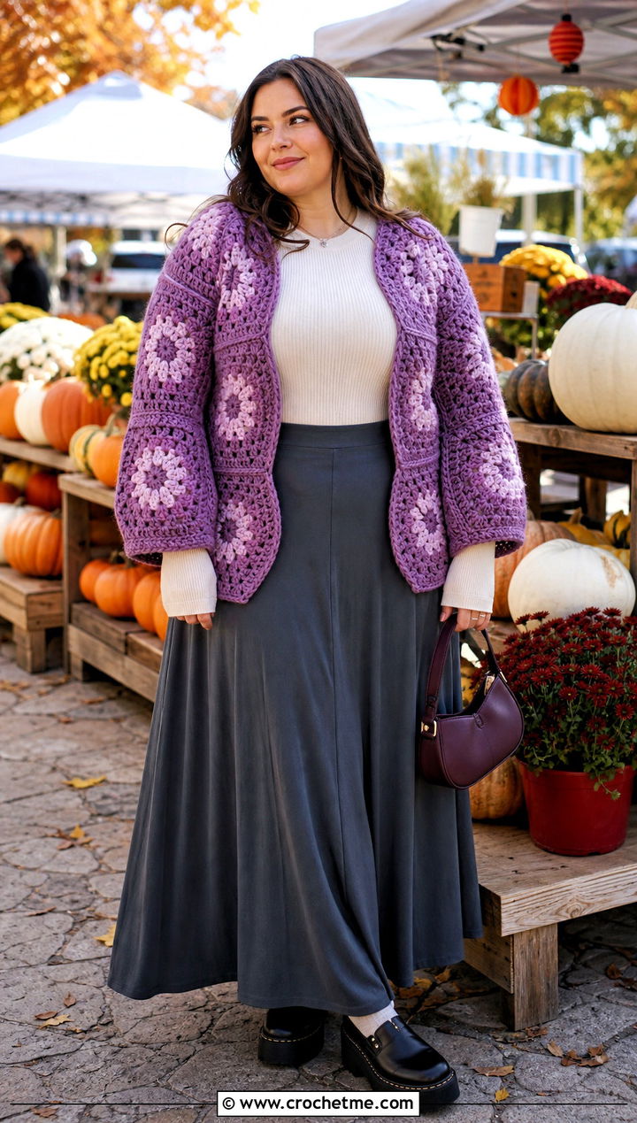 Chunky Granny Hexagon Crochet Cardigan With Maxi Skirt - 20 Hexagon Crochet Cardigan With Granny Squares outfit ideas
