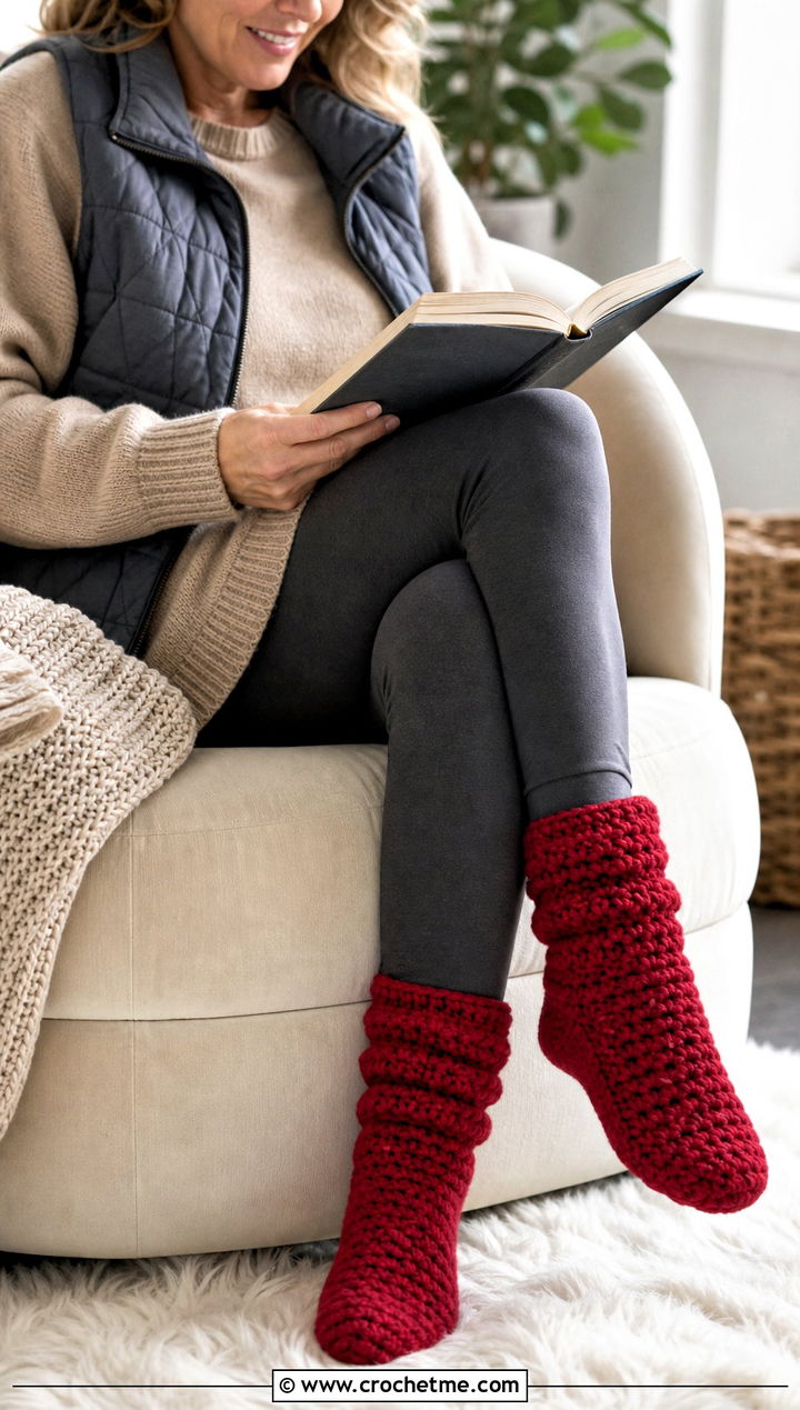 Chunky Granny House Socks With Oversized Knit And Leggings - 25 Crochet Granny Socks outfit ideas