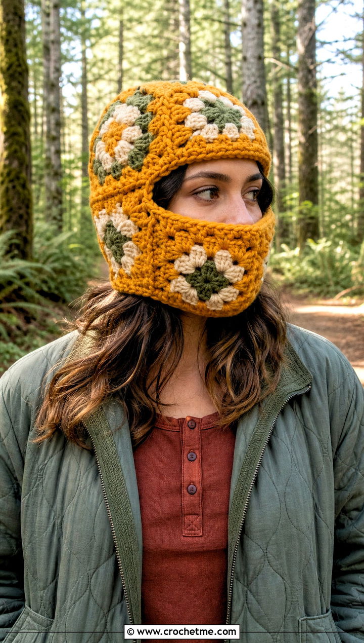 Chunky Granny Square Balaclava With Quilted Jacket - 30 crochet granny square balaclava outfit ideas