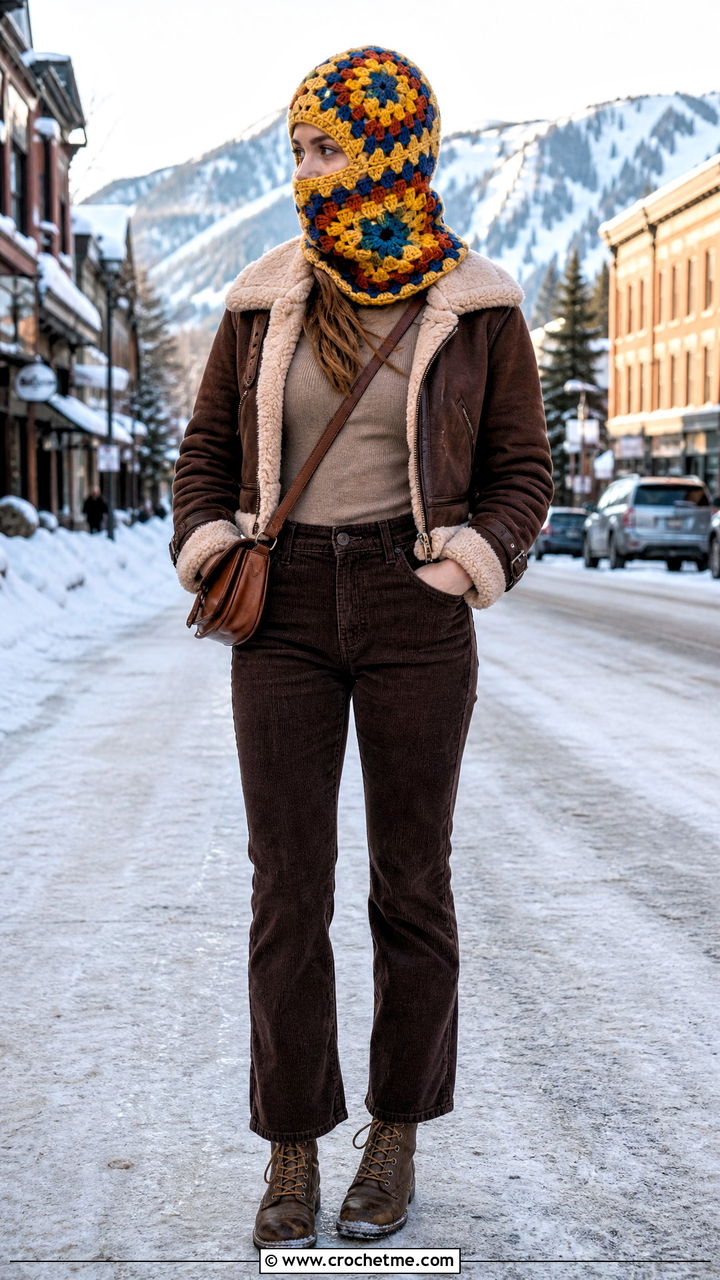 Chunky Granny Square Balaclava With Shearling Jacket - 35 granny square balaclava outfit ideas