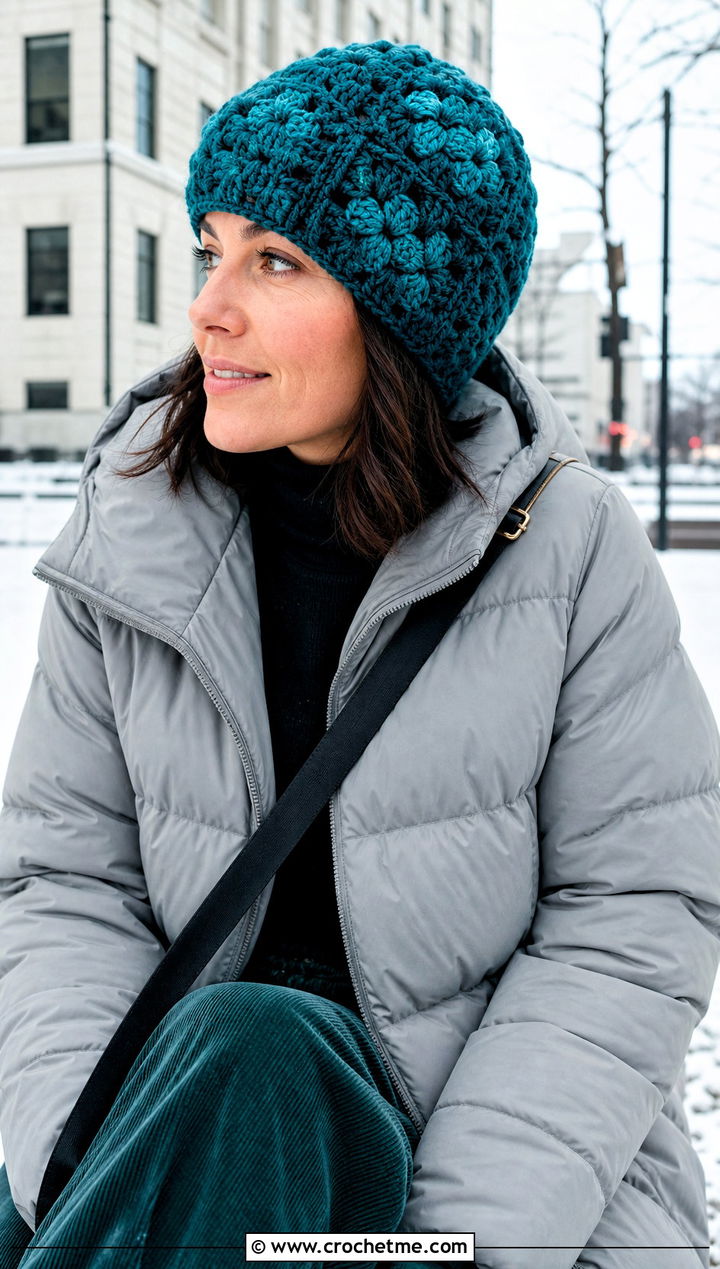 Chunky Granny Square Beanie With Puffer Jacket - 30 crochet square hat outfit ideas