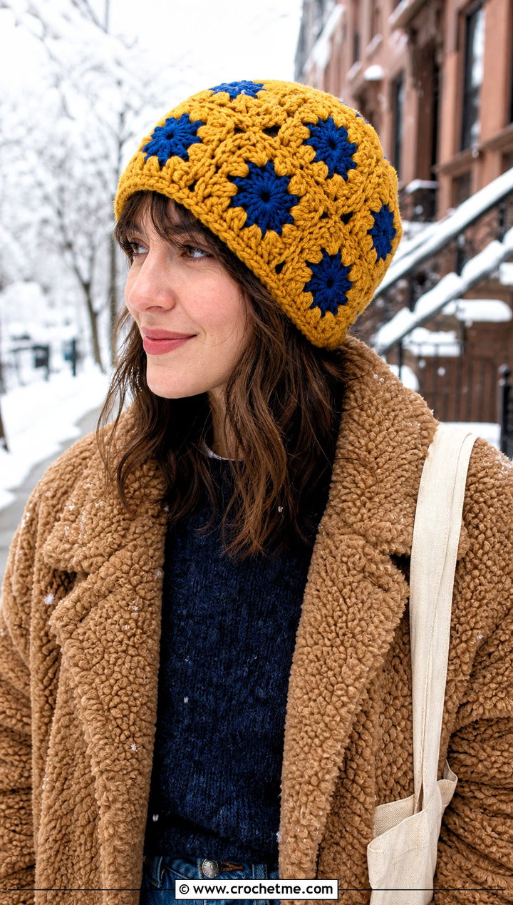 Chunky Granny Square Beanie With Teddy Coat - 30 granny square beanie outfit ideas