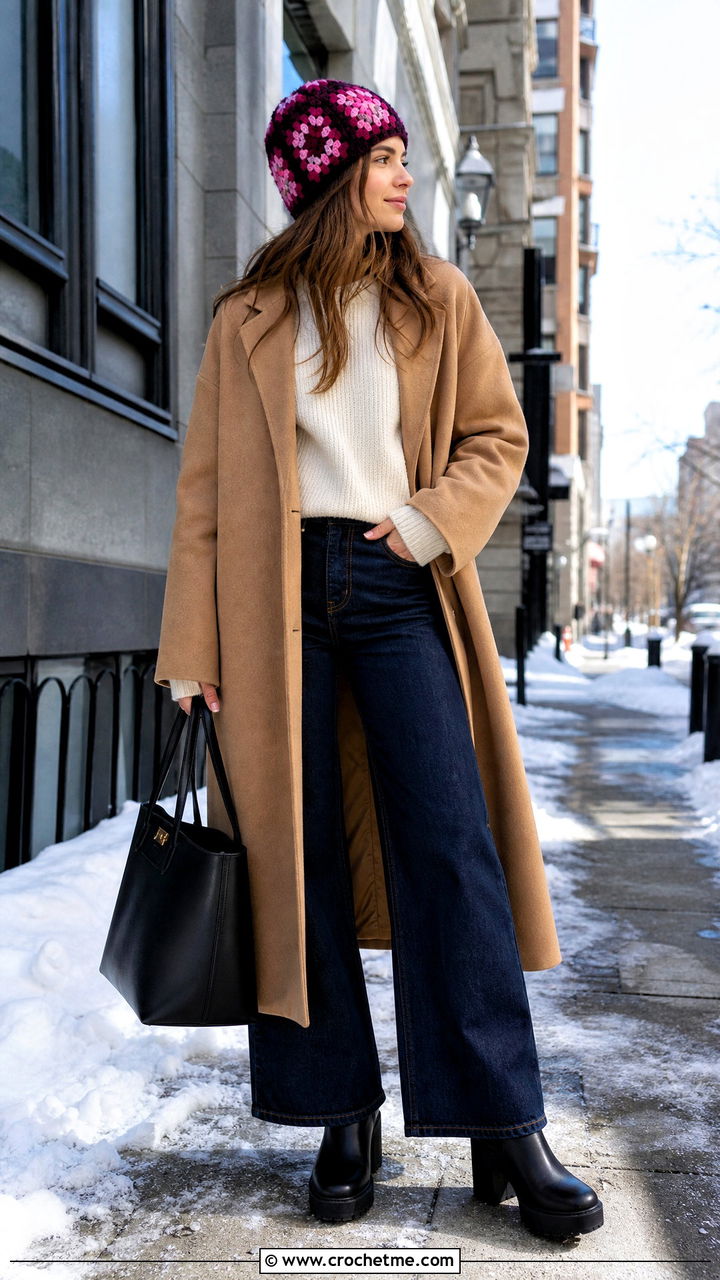 Chunky Granny Square Beanie With Wool Coat And Wide Leg Jeans - 35 granny square hat outfit ideas