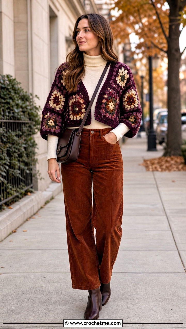 Chunky Granny Square Bolero With Turtleneck And Corduroy Pants - 35 granny square bolero outfit ideas