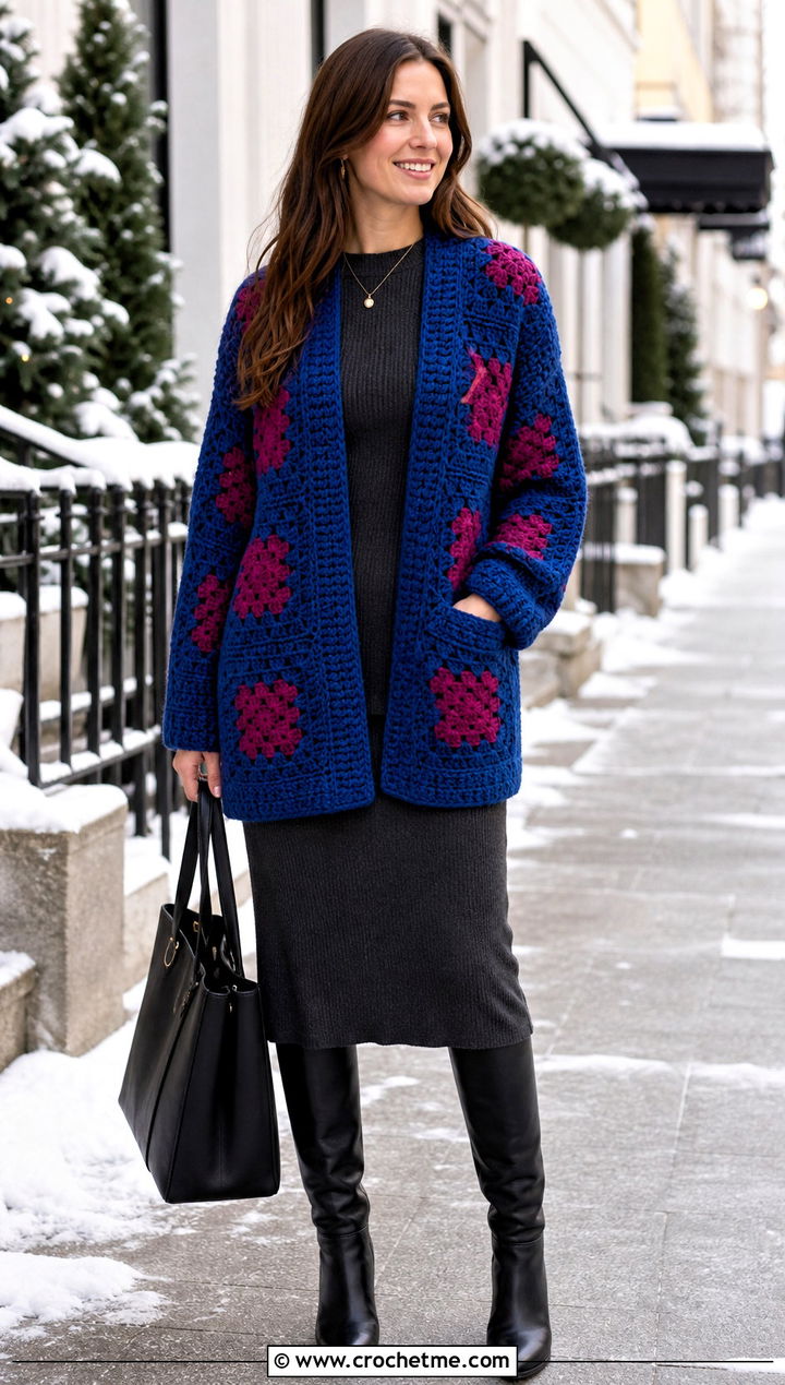 Chunky Granny Square Cardigan With A Knit Dress And Boots - 20 boho granny square cardigan outfit ideas