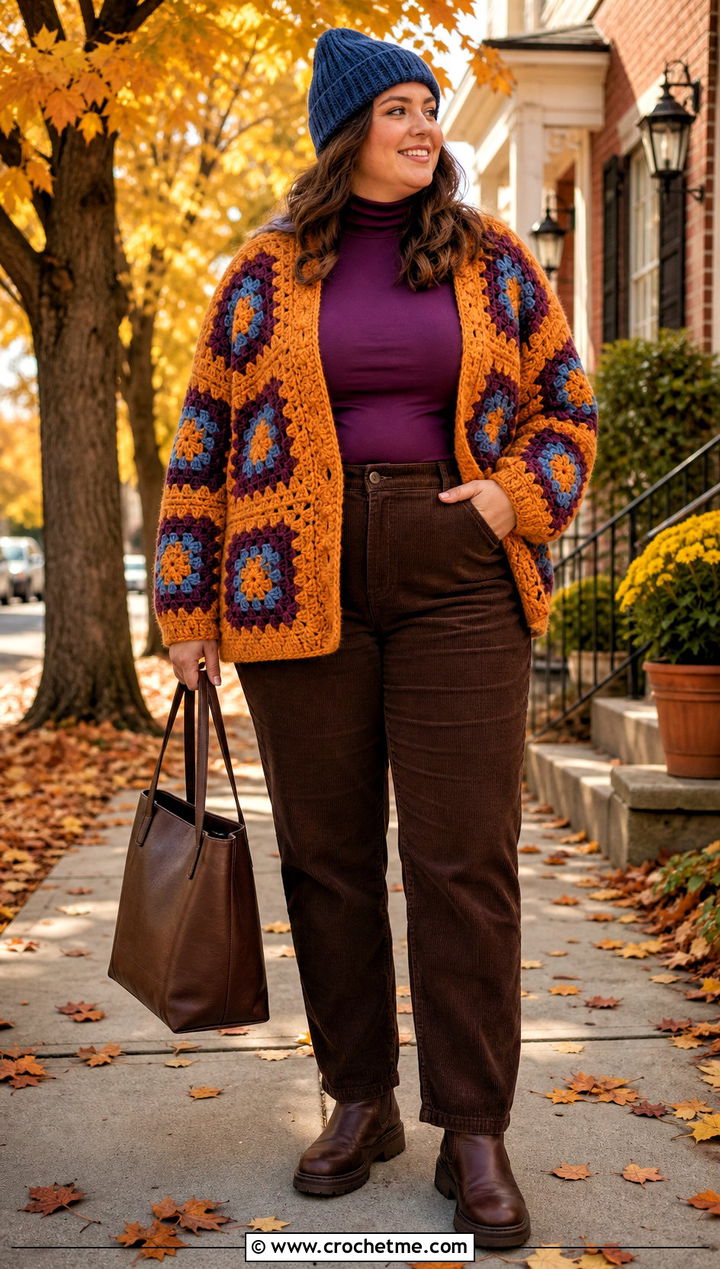 Chunky Granny Square Cardigan With Corduroy Pants - 30 plus size crochet granny square cardigan outfit ideas