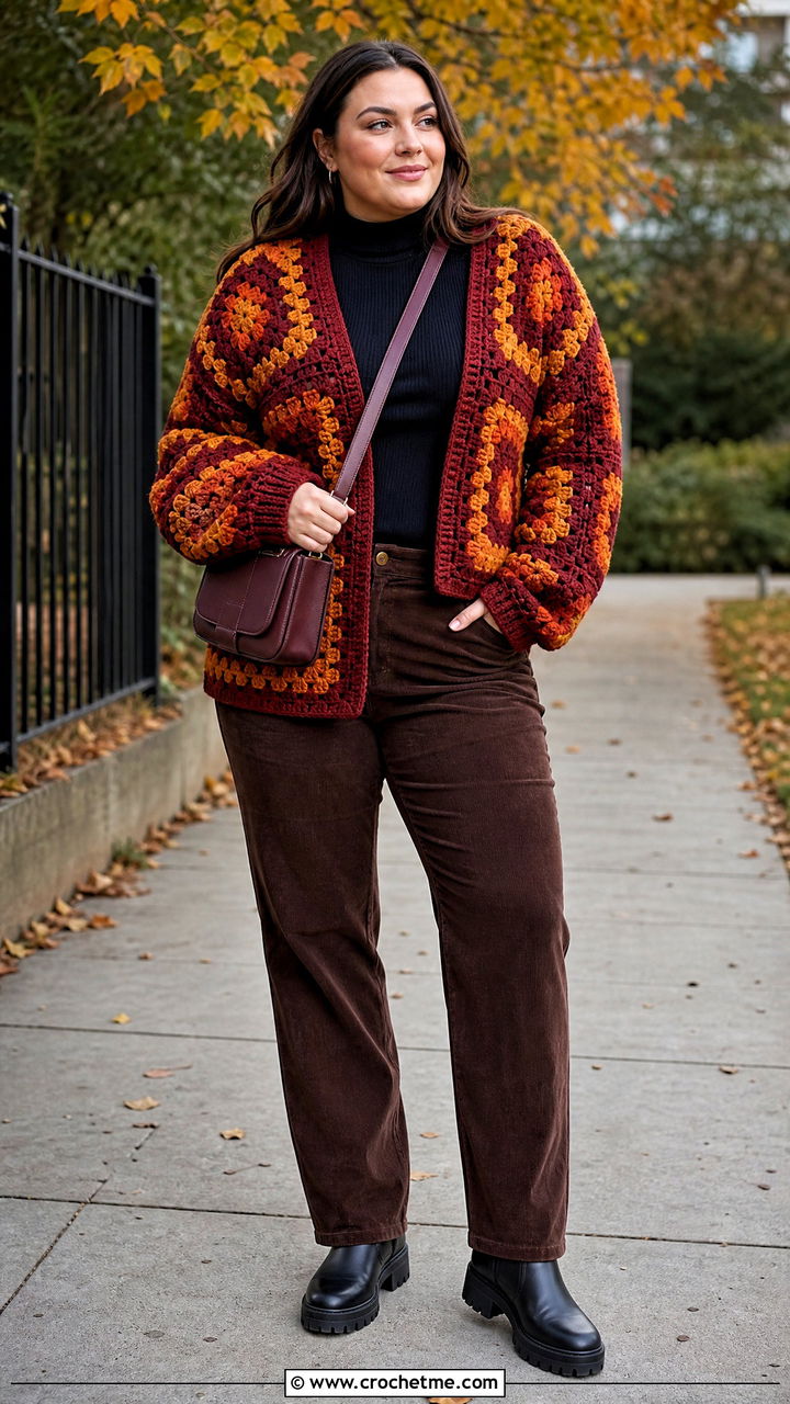 Chunky Granny Square Cardigan With Corduroy Pants - 35 crochet granny square cardigan outfit ideas