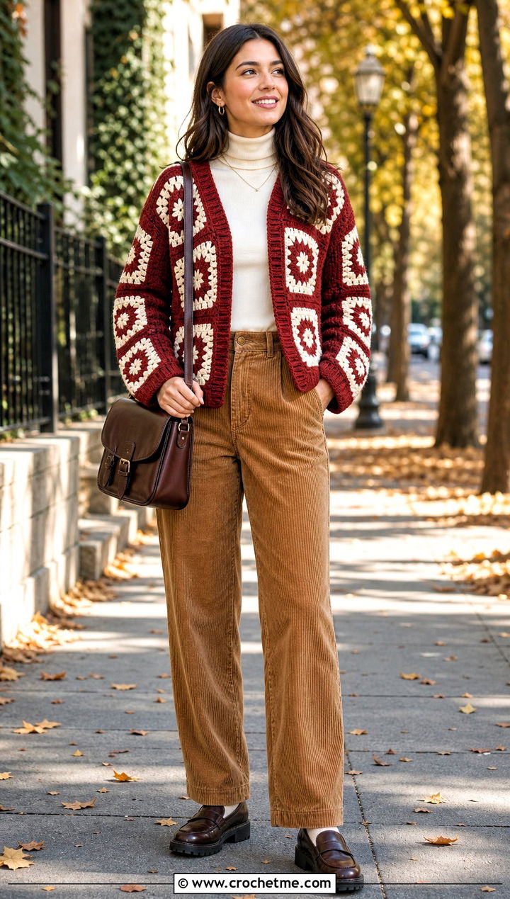 Chunky Granny Square Cardigan With Corduroy Pants - 25 For Granny Square Cardigan outfit ideas