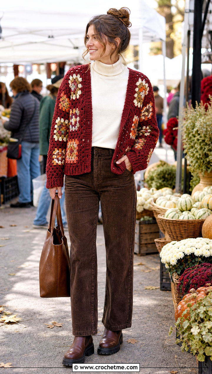 Chunky Granny Square Cardigan With Corduroy Pants - 25 granny crochet sweater outfit ideas