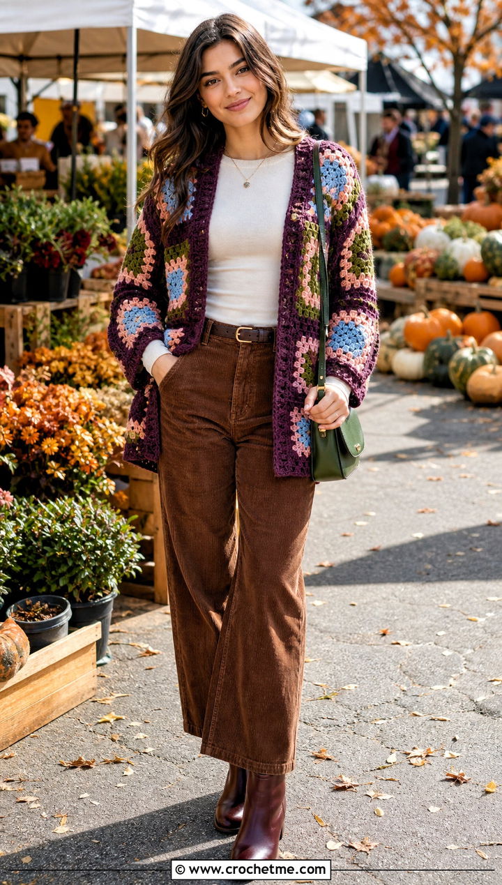 Chunky Granny Square Cardigan With Corduroy Pants - 25 pastel granny square cardigan outfit ideas