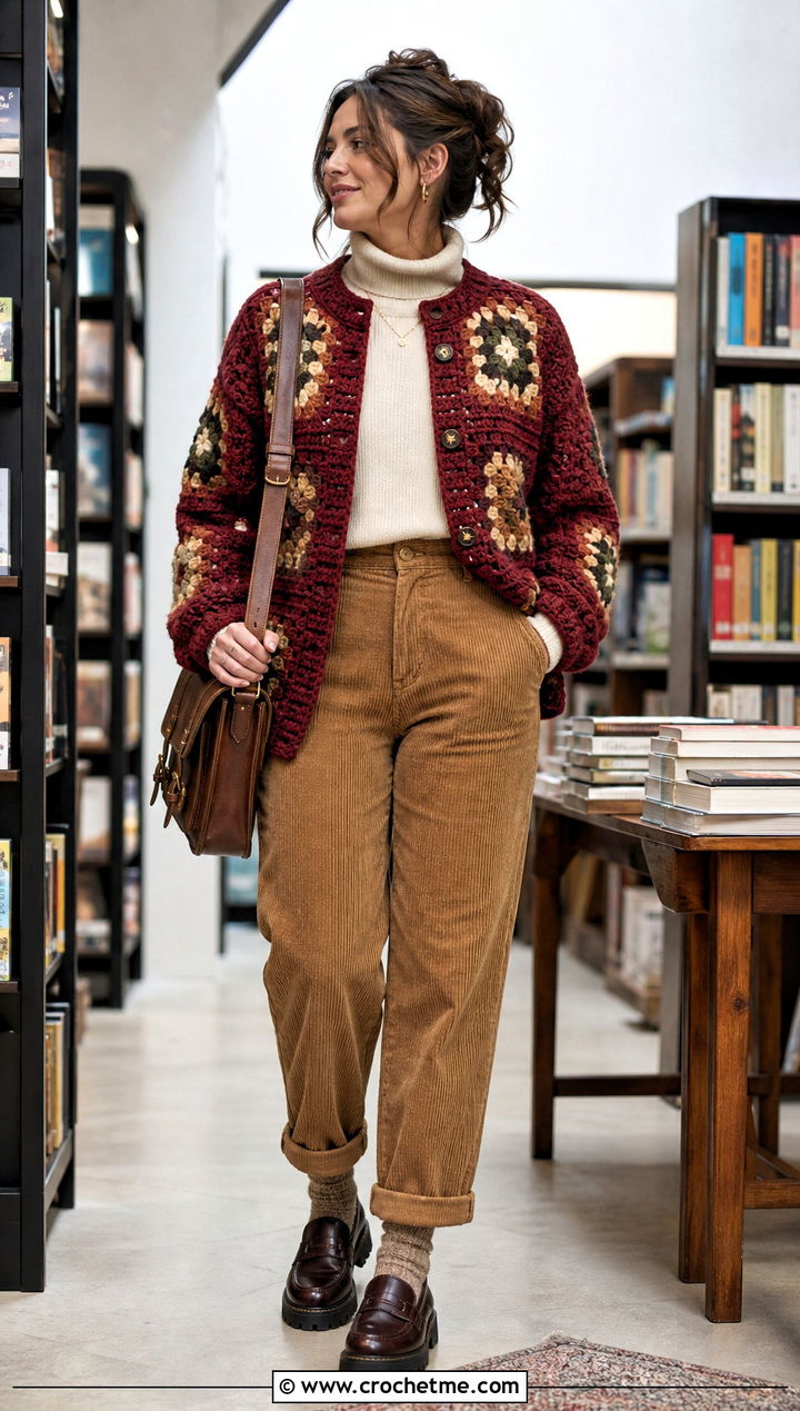 Chunky Granny Square Cardigan With Corduroy Pants - 20 Crochet Fall Granny Square Cardigan outfit ideas