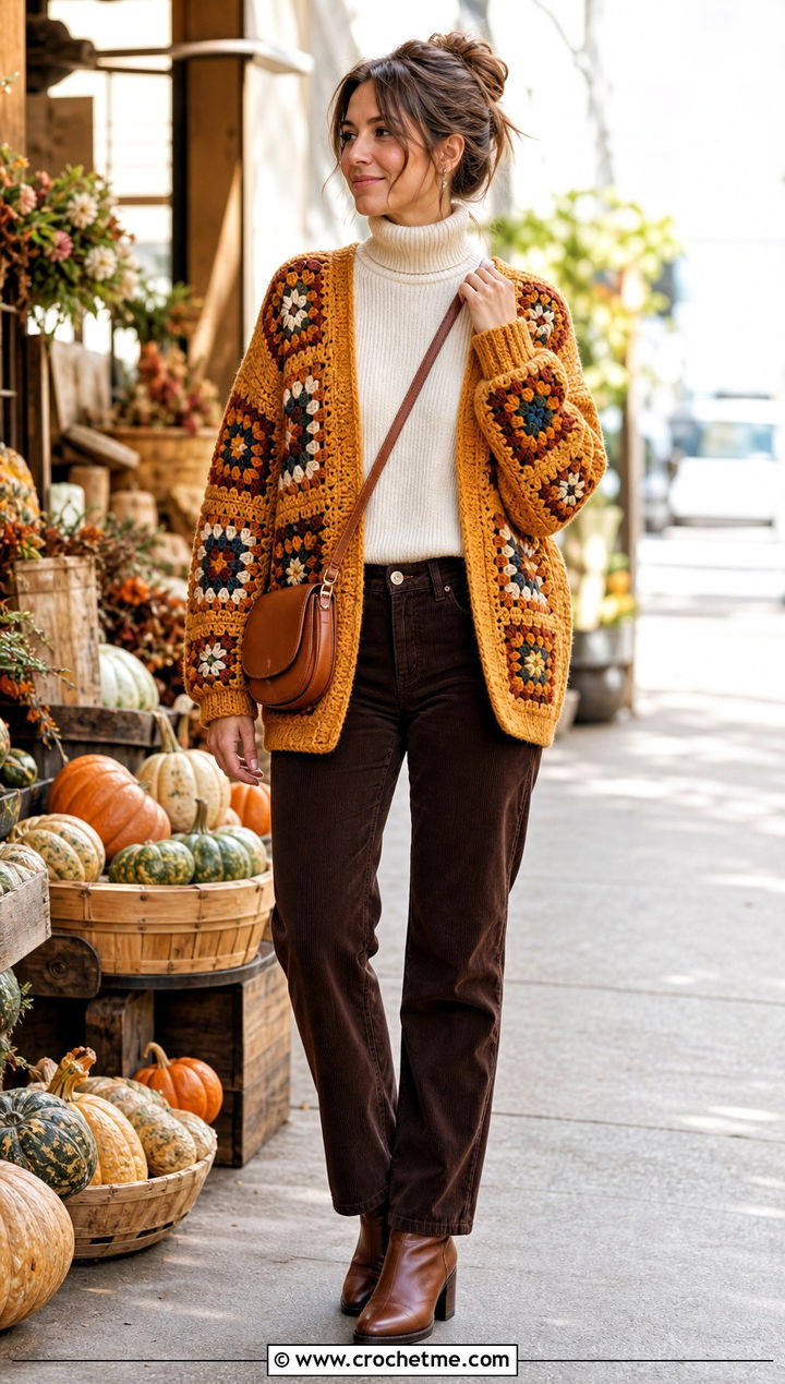 Chunky Granny Square Cardigan With Corduroy Pants - 30 granny squares cardigan outfit ideas