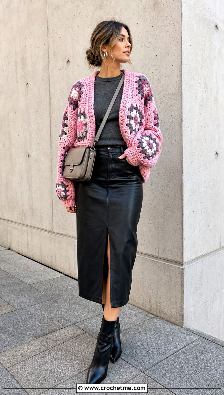 Chunky Granny Square Cardigan With Leather Midi Skirt - 25 One Granny Square Cardigan outfit ideas