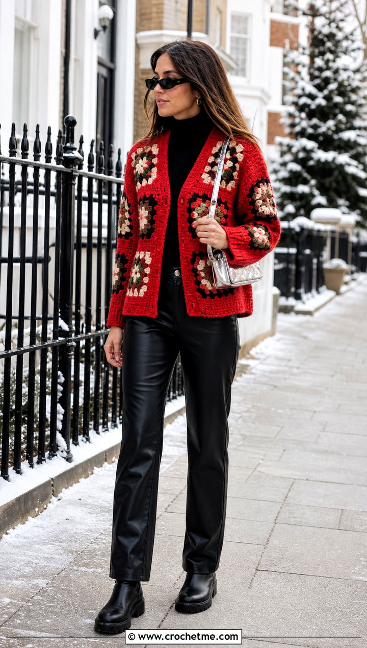 Chunky Granny Square Cardigan With Leather Pants - 30 crochet granny squares cardigan outfit ideas