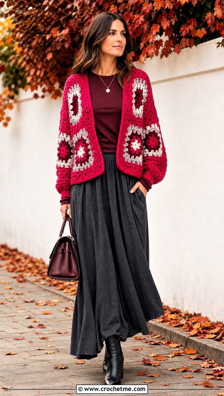 Chunky Granny Square Cardigan With Maxi Skirt - 15 Never Off Granny Square Cardigan outfit ideas