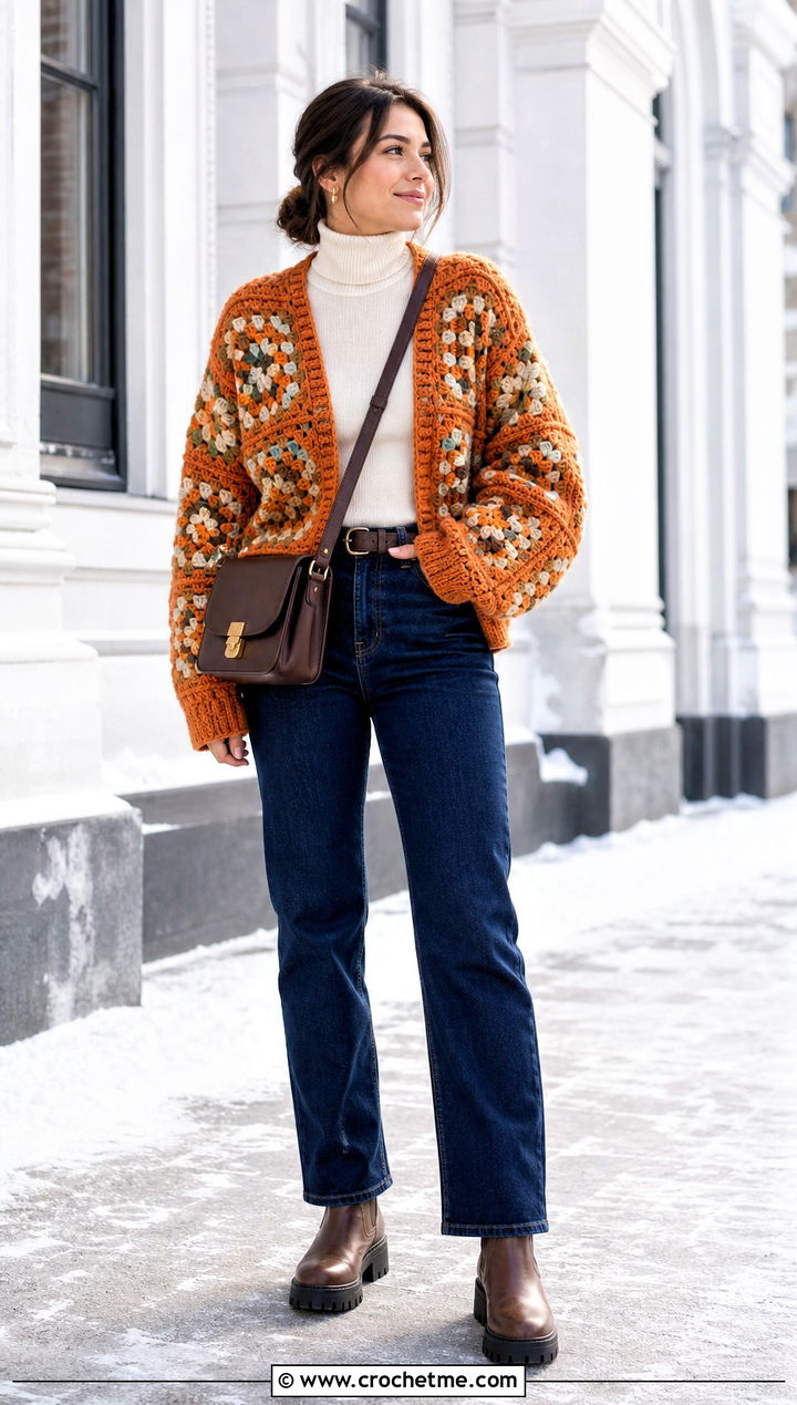 Chunky Granny Square Cardigan With Straight Leg Jeans - 20 Grant Square Crochet Cardigan outfit ideas