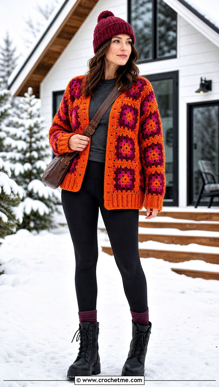 Chunky Granny Square Cardigan With Thermal Leggings - 30 cardigan with granny square outfit ideas