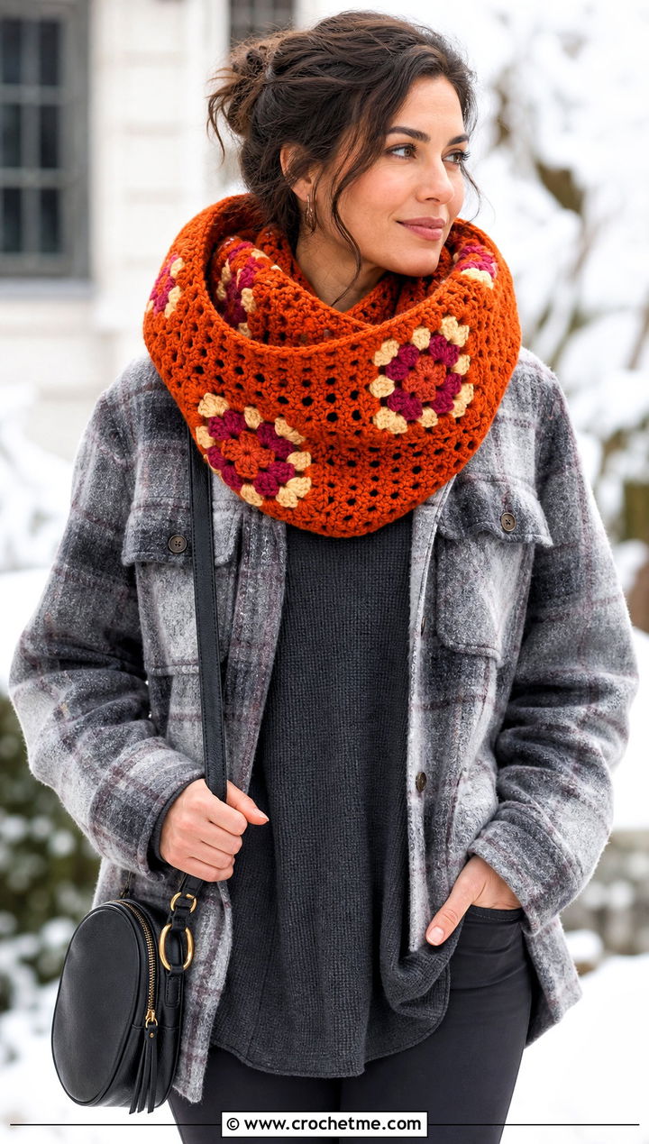 Chunky Granny Square Cowl With Shacket And Leggings - 25 Granny Square Cowl outfit ideas
