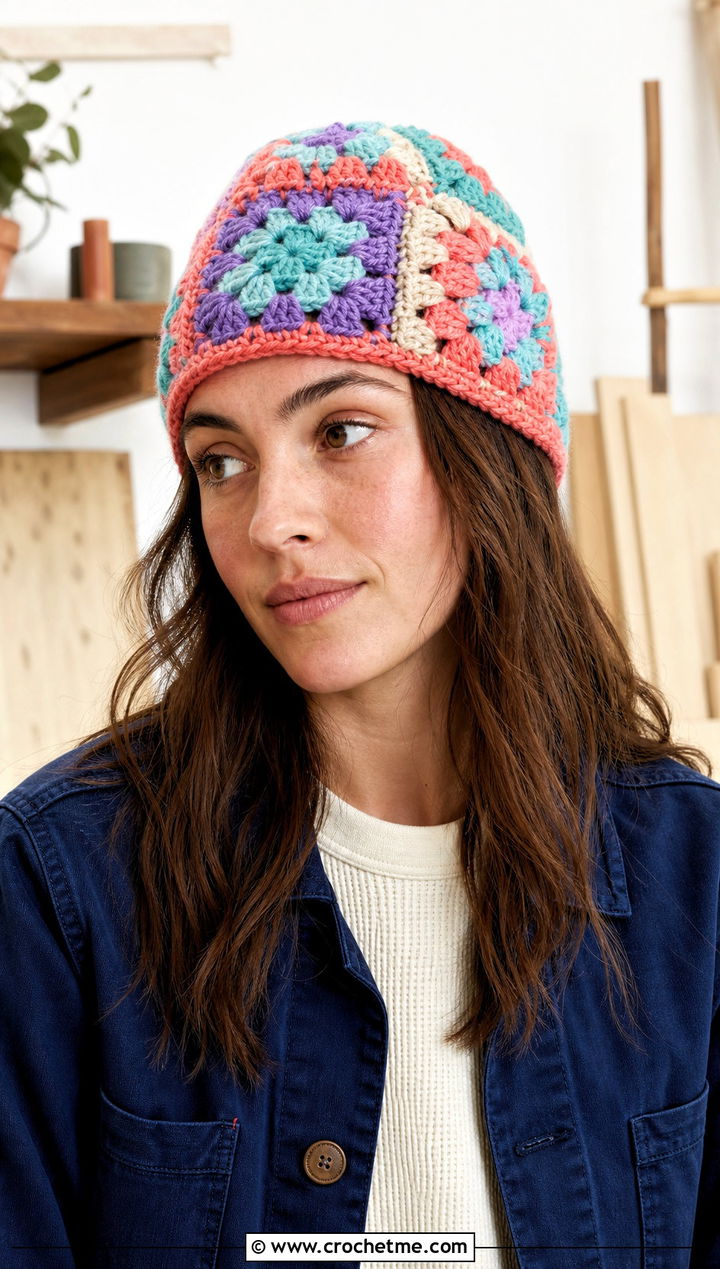 Chunky Granny Square Crochet Beanie With Chore Jacket - 30 chunky yarn crochet hat outfit ideas