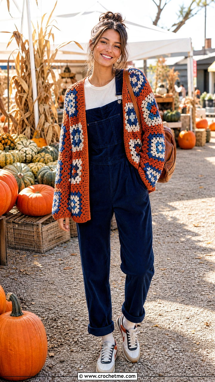 Chunky Granny Square Crochet Cardigan With Corduroy Overalls - 35 granny square crochet cardigan outfit ideas