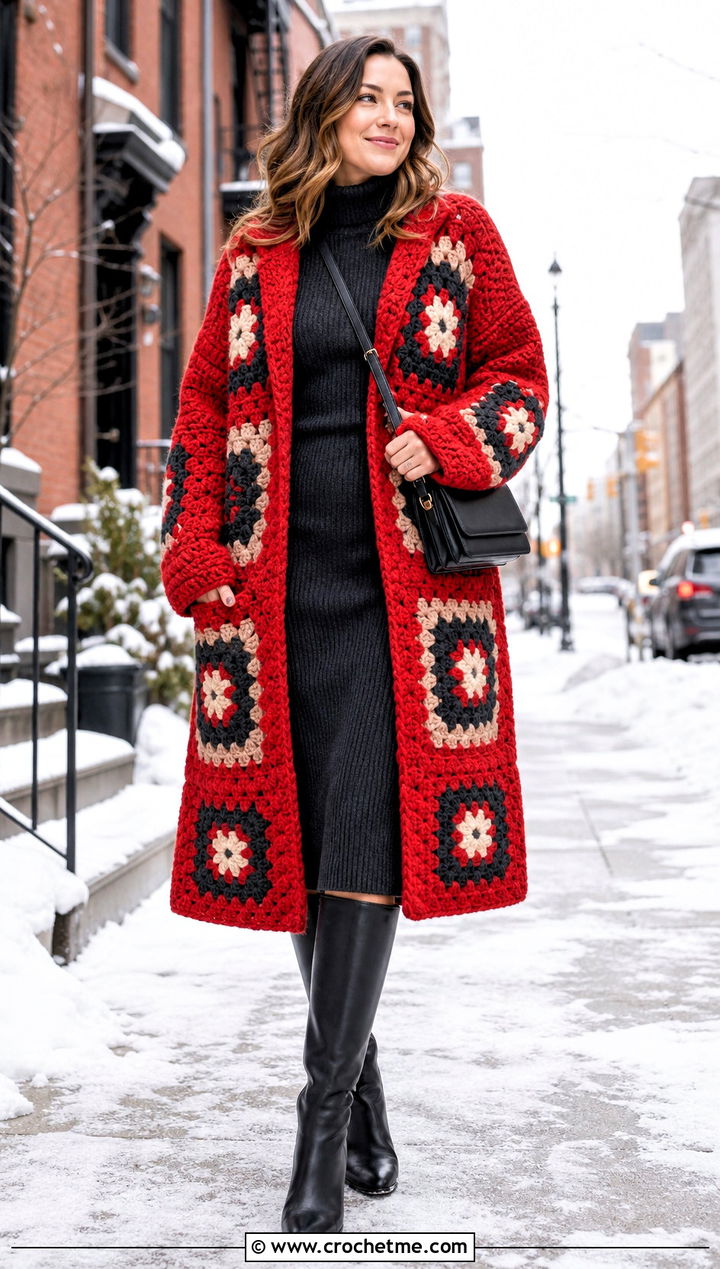 Chunky Granny Square Crochet Coat With Sweater Dress - 25 Granny Square Crochet Coat outfit ideas