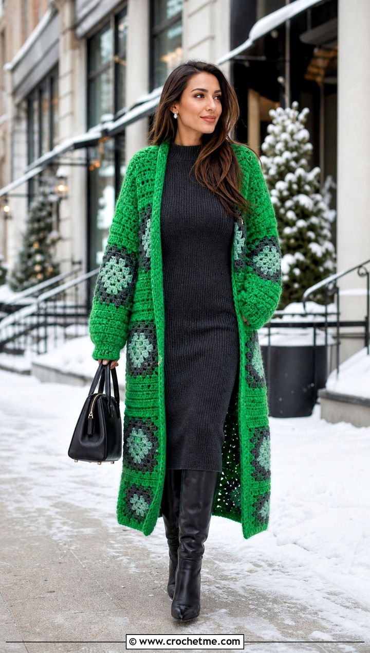 Chunky Granny Square Crochet Duster With Sweater Dress - 15 Granny Square Crochet Duster outfit ideas