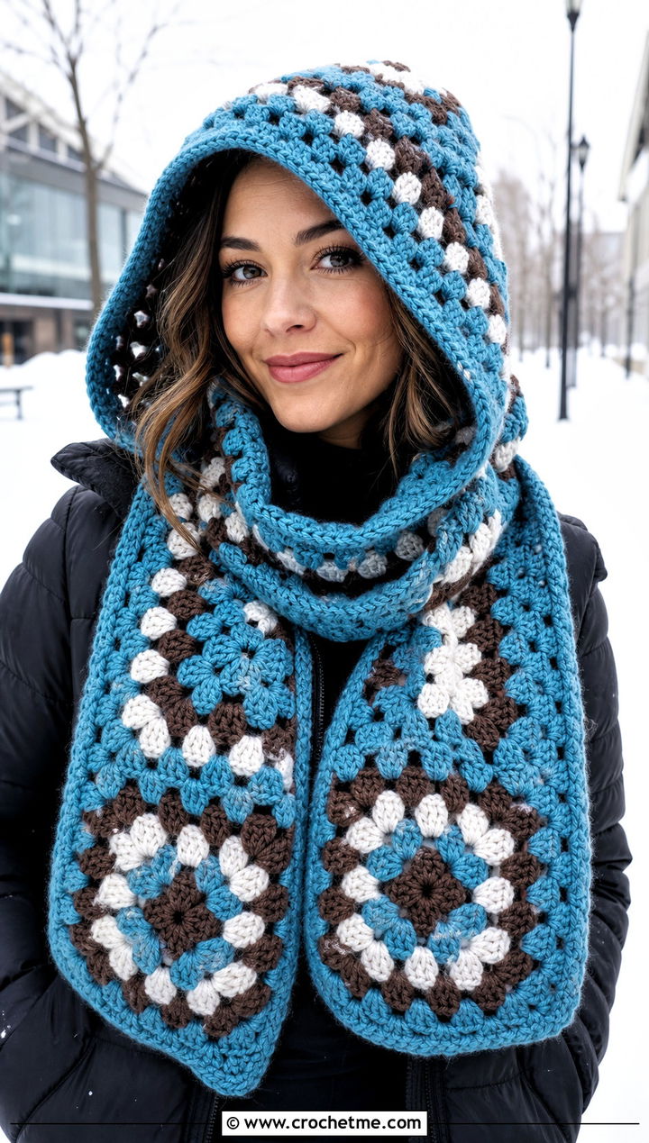 Chunky Granny Square Crochet Hooded Scarf With Puffer Coat - 30 Granny Square Crochet Hooded Scarf outfit ideas