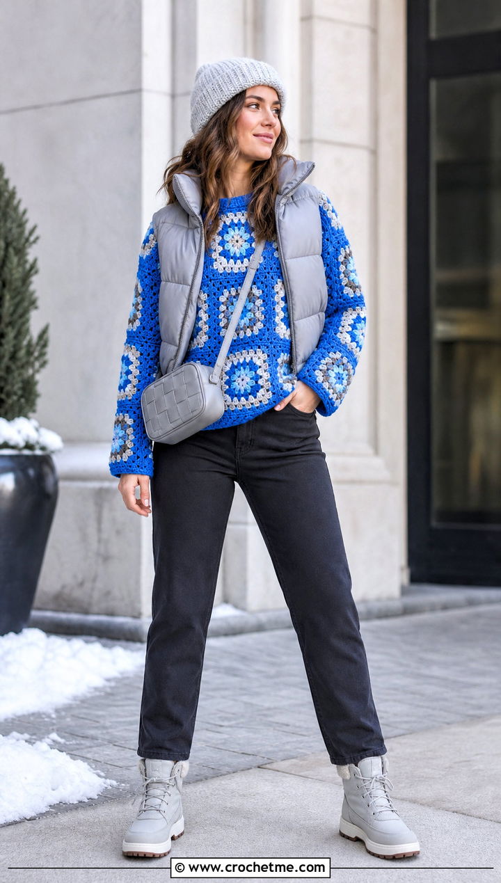 Chunky Granny Square Crochet Long Sleeve Top With Puffer Vest - 25 Granny Square Crochet Long Sleeve Top outfit ideas