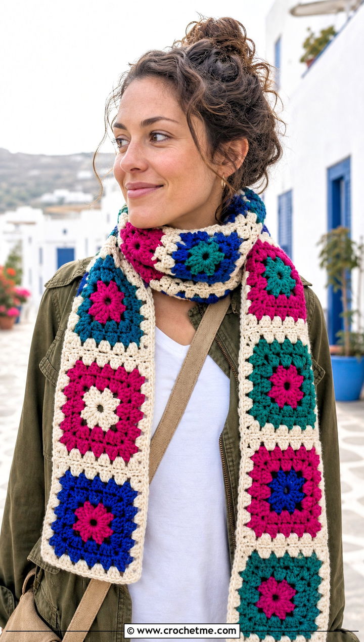 Chunky Granny Square Crochet Scarf With Utility Jacket - 25 Chunky Yarn Crochet Scarf outfit ideas