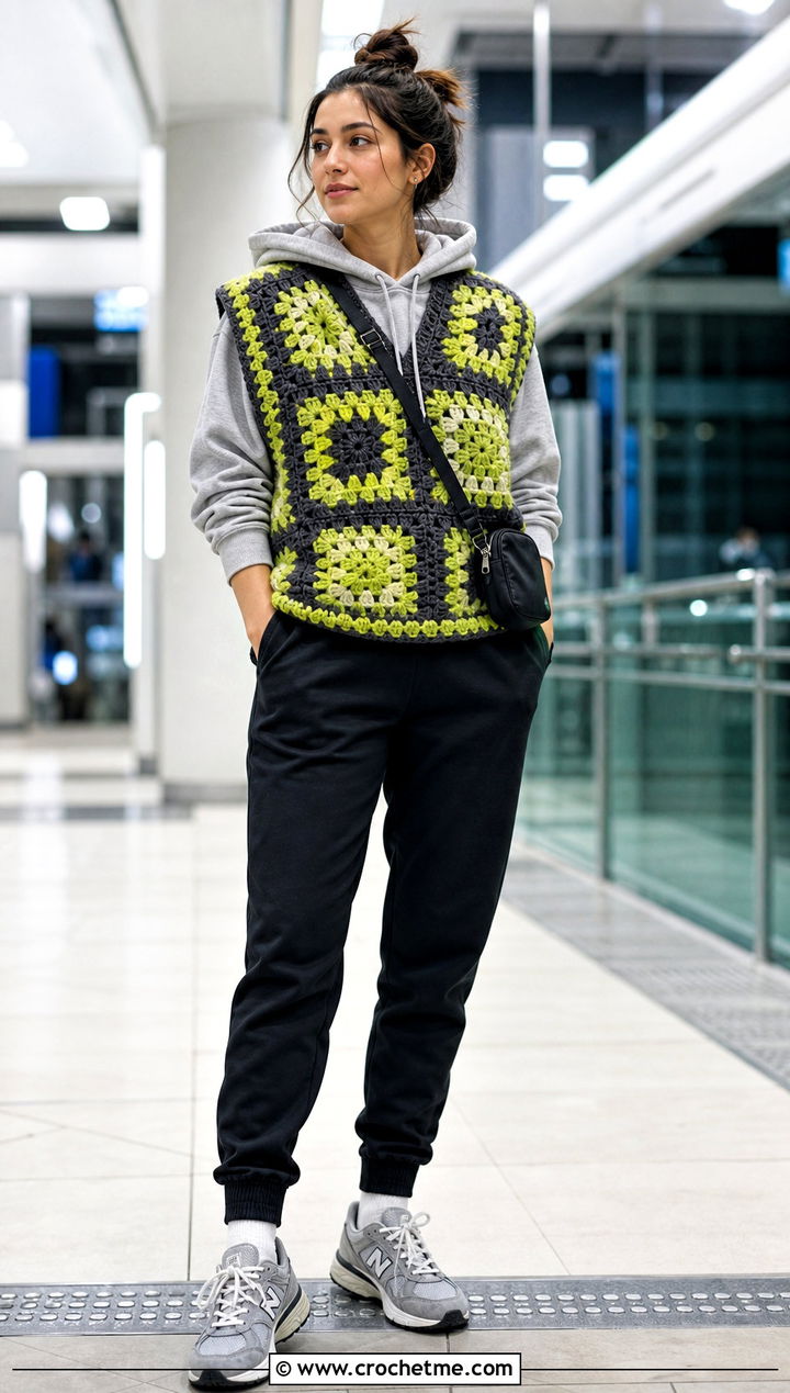 Chunky Granny Square Crochet Vest With Hoodie And Joggers - 25 Granny Square Crochet Vest outfit ideas