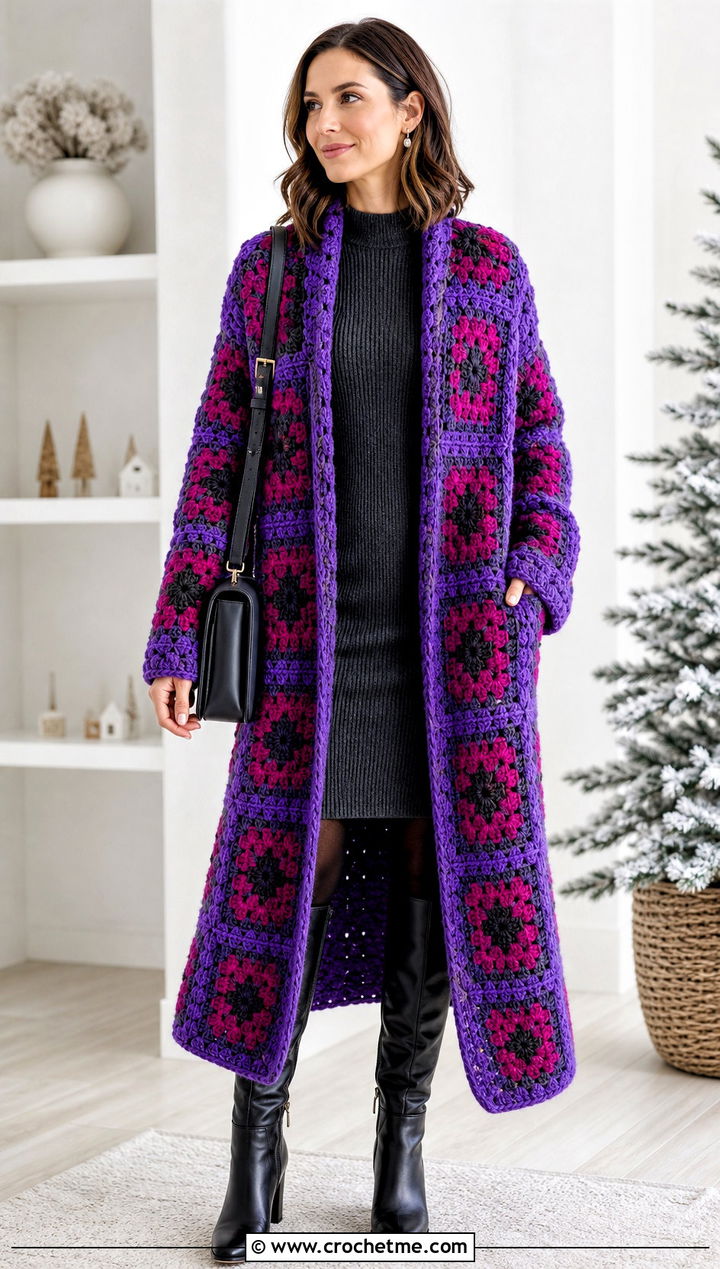 Chunky Granny Square Duster With Sweater Dress - 35 granny square duster outfit ideas