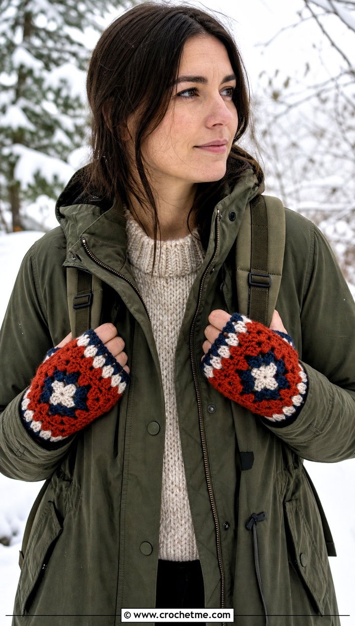 Chunky Granny Square Fingerless Gloves With Parka - 30 crochet granny square fingerless gloves outfit ideas