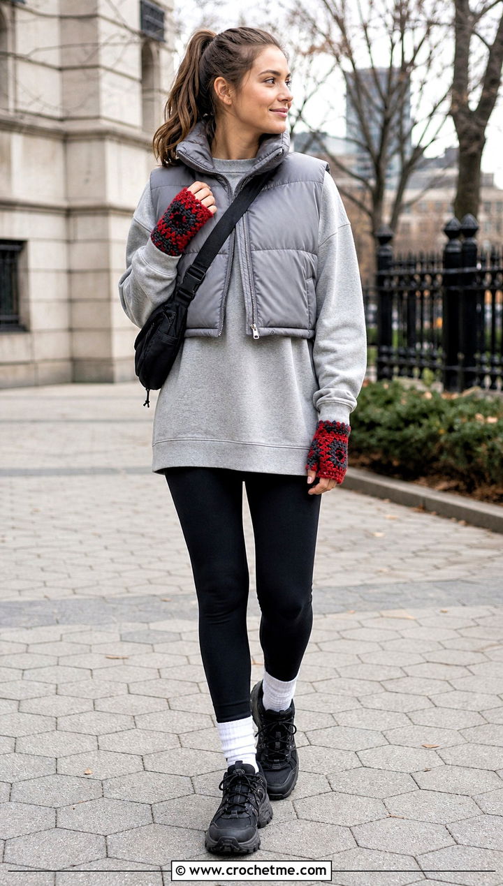 Chunky Granny Square Fingerless Gloves With Puffer Vest - 35 granny square fingerless gloves outfit ideas