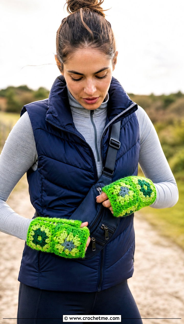 Chunky Granny Square Gloves With Puffer Vest - 20 Fingerless Granny Square Gloves outfit ideas