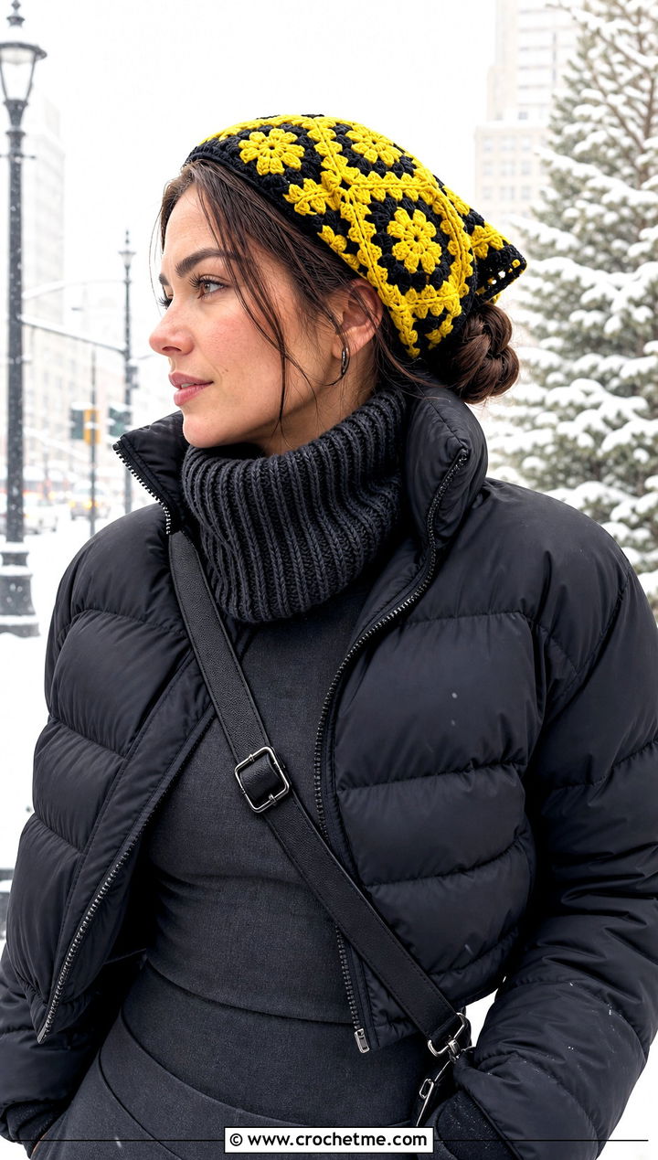 Chunky Granny Square Hair Scarf With Puffer Jacket And Leggings - 25 granny square hair scarf outfit ideas