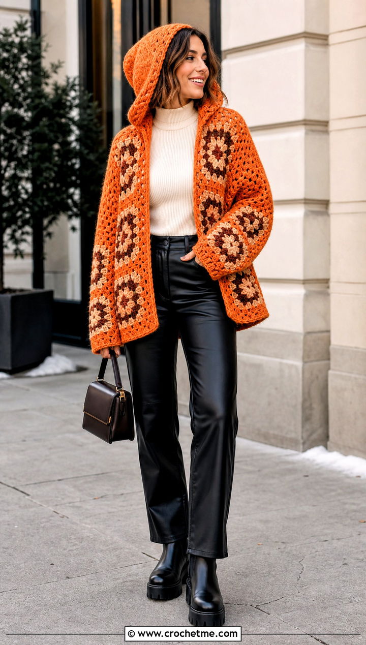 Chunky Granny Square Hooded Cardigan With Leather Pants - 25 Granny Square Hooded Cardigan outfit ideas