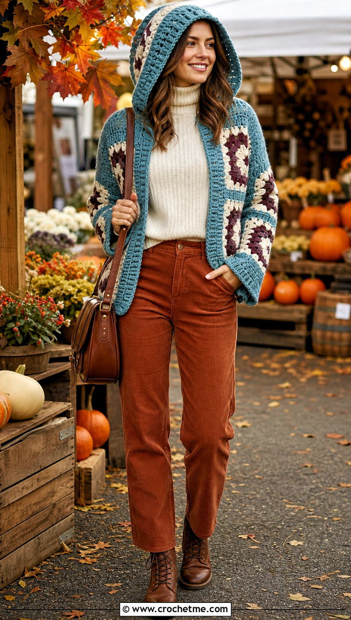 Chunky Granny Square Hooded Jacket With Corduroy Pants - 25 Granny Square Hooded Jacket outfit ideas