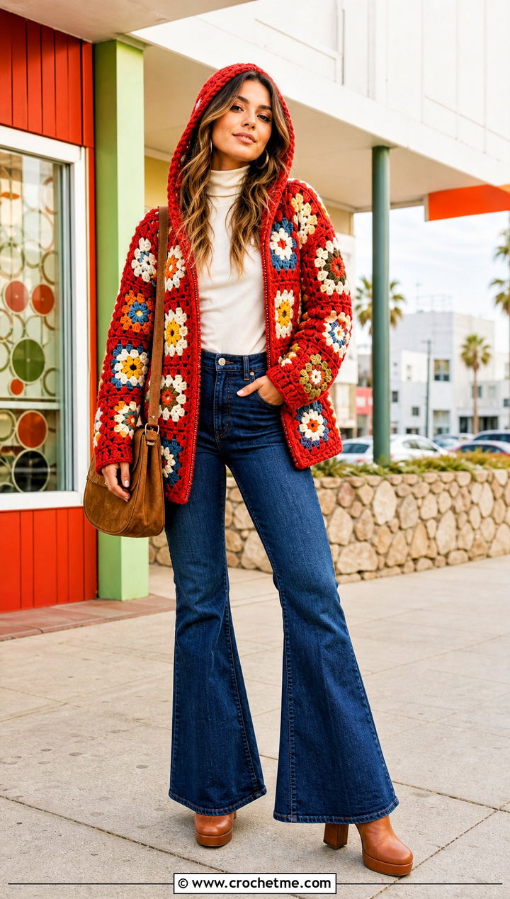 Chunky Granny Square Hooded Jacket With Flared Jeans - 25 Granny Square Hooded Jacket outfit ideas
