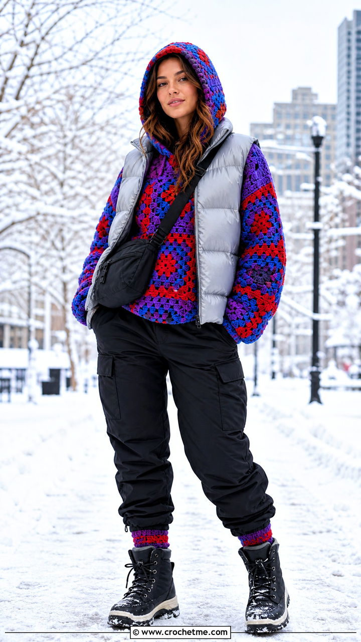 Chunky Granny Square Hoodie With Puffer Vest - 35 granny square hoodie outfit ideas