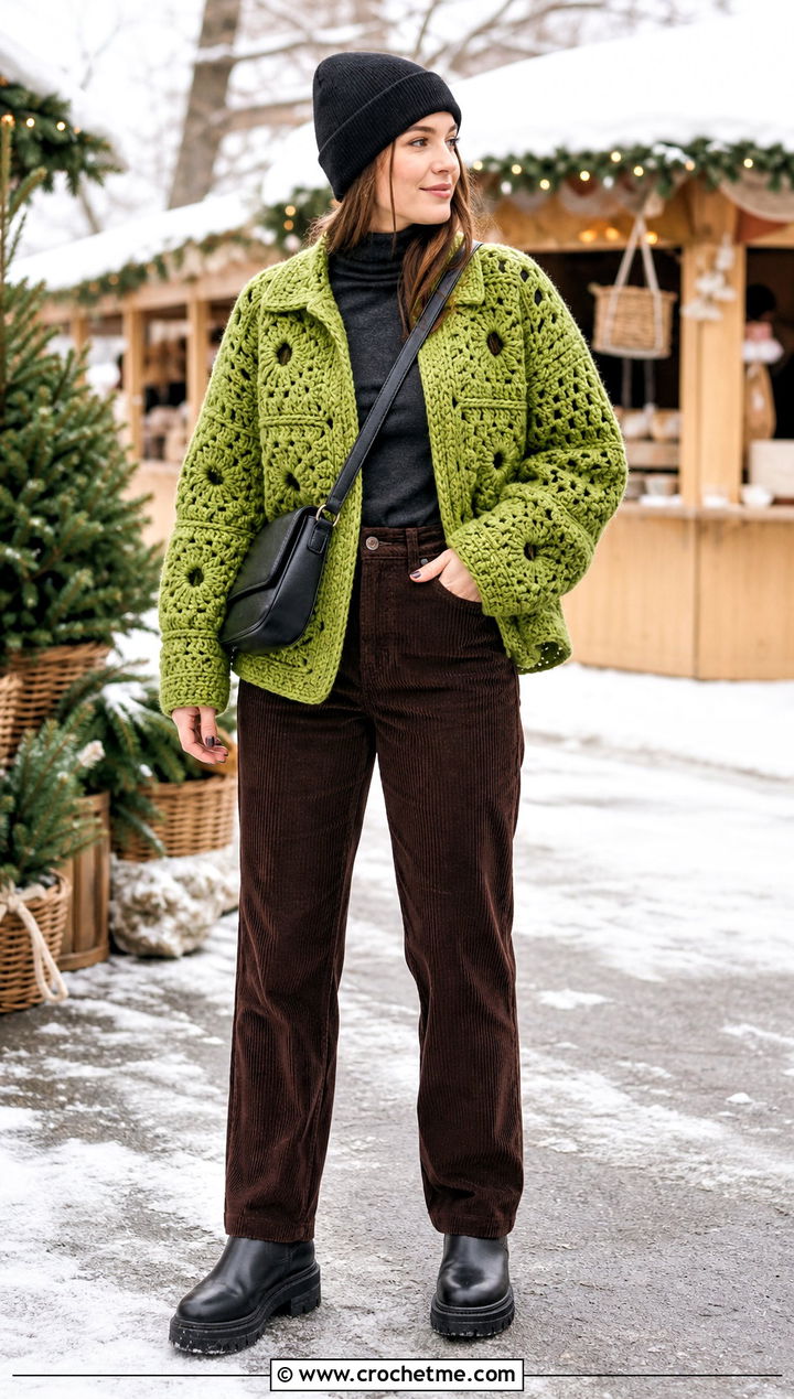 Chunky Granny Square Jacket With Corduroy Pants - 35 granny square crochet cardigan jacket outfit ideas