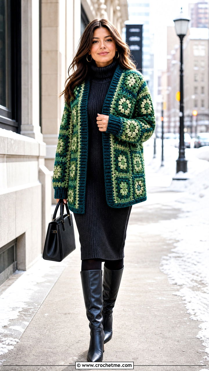 Chunky Granny Square Jacket With Sweater Dress - 35 granny square jacket outfit ideas