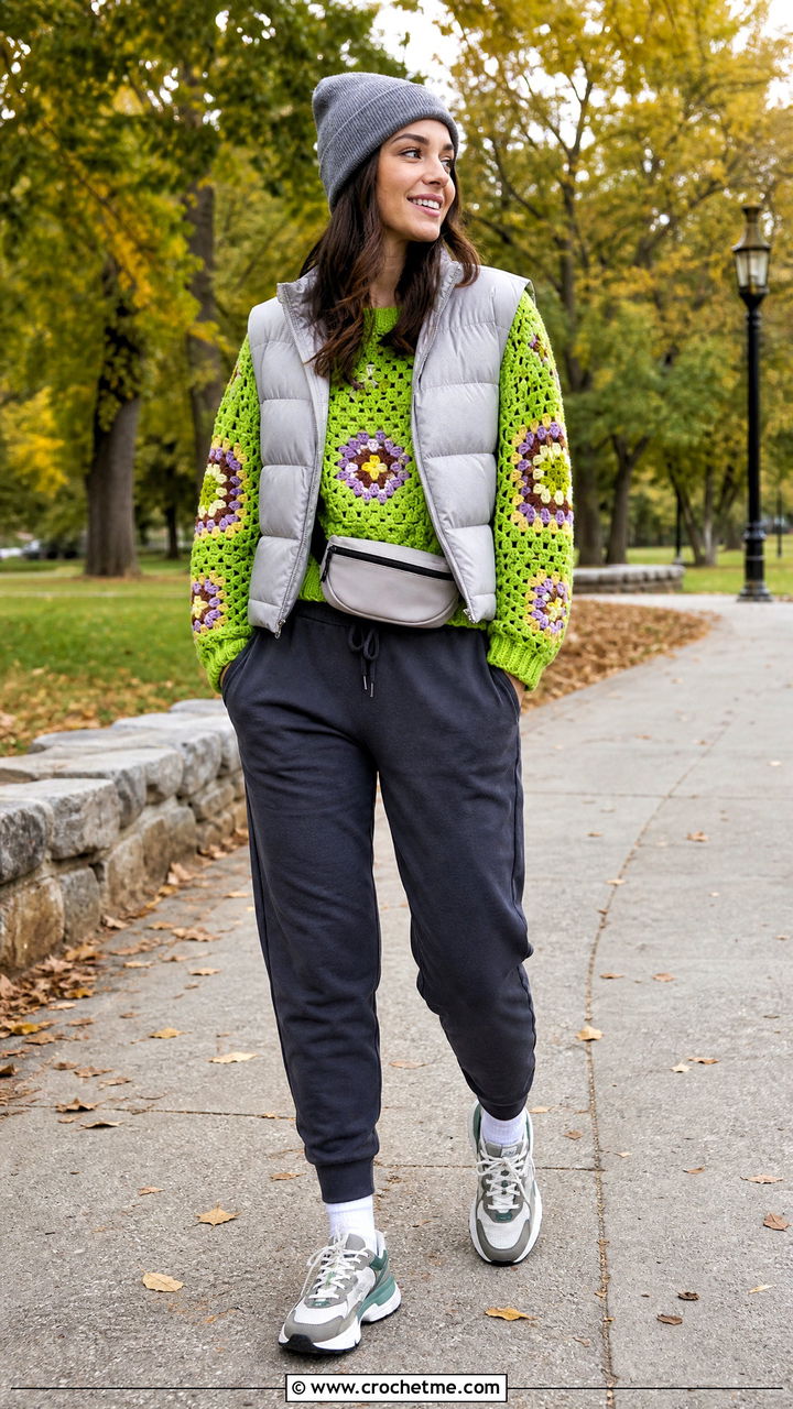 Chunky Granny Square Jumper With Puffer Vest And Joggers - 35 crochet granny square jumper outfit ideas